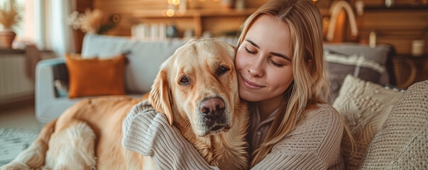 Wall Mural - Joyful Woman Relaxing with Her Dog in a Cozy Living Room Pet Lover Home Scene with Copy Space for Text