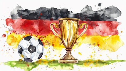 Wall Mural - EM European Championship 2024 sport win, triumph, winner celebration - Watercolor painting of soccer ball, winner's cup, trophy, german waving flag, winner germany, isolated on white background