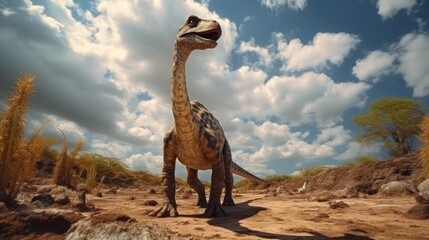 Wall Mural - Dinosaur stands in prehistoric environment. Photorealistic.