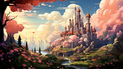 Wall Mural - A whimsical illustration of a fantasy castle, with towering spires, lush gardens, and a magical, fairy tale atmosphere. Illustration, Minimalism,