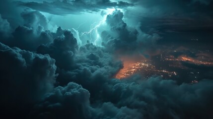 Wall Mural - Lightning strike above a futuristic city with modern skyscraper buildings.