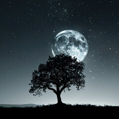 Wall Mural - A large moon is in the sky above a tree