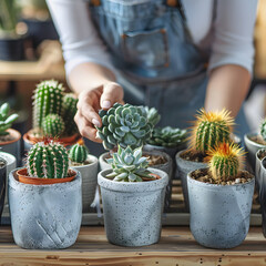 woman gardeners hand transplanting cacti and succulents in cement pots on the wooden table. concept of home garden isolated on white background, vintage, png