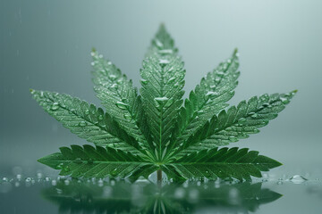 Poster - Photorealistic marijuana leaf with oil extract, highly detailed, vibrant natural hues,