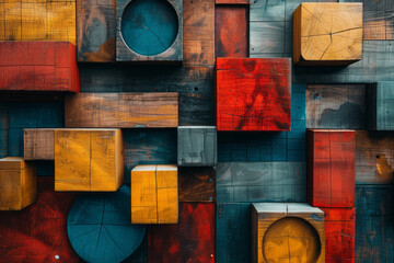 Aufkleber - 3D geometric shapes, including blocks, circles, and intersecting squares, in an abstract composition,