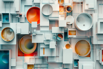 Aufkleber - Abstract geometric design with 3D blocks, circles, and squares crossing over each other,