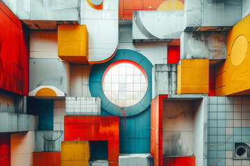 Aufkleber - Abstract geometric design with 3D blocks, circles, and squares crossing over each other,