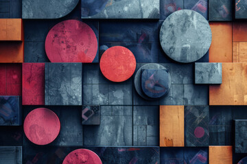Aufkleber - Abstract geometric design with 3D blocks, circles, and squares crossing over each other,