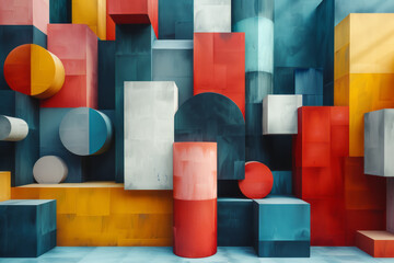 Aufkleber - Abstract geometric composition featuring 3D blocks, circles, and intersecting squares,