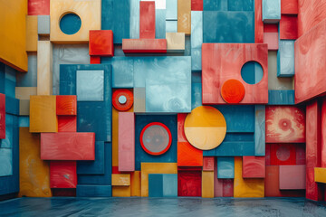 Wall Mural - 3D blocks, circles, and squares in an abstract geometric design,