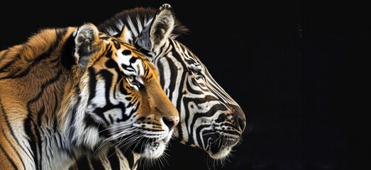 Wall Mural - Majestic Bengal Tiger Standing Beside Striped Zebra in the Wild Nature