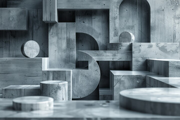 Aufkleber - Three-dimensional geometric shapes, including blocks, circles, and squares, in an abstract composition,