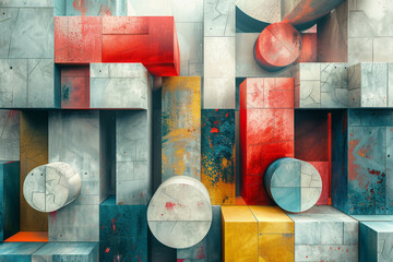 Wall Mural - Intersecting geometric shapes in 3D, including blocks, circles, and squares, in an abstract composition,