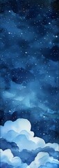 watercolor blue night sky with stars and clouds
