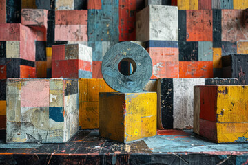 Aufkleber - Intersecting geometric shapes, including three-dimensional blocks, circles, and squares, in an abstract composition,