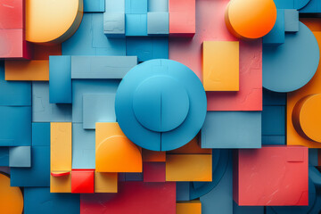 Aufkleber - Abstract design with 3D blocks, circles, and intersecting squares in a geometric composition,