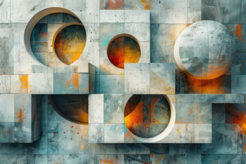 Aufkleber - Abstract design with 3D blocks, circles, and intersecting squares in a geometric composition,