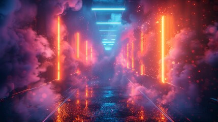 Wall Mural - A surreal view of a futuristic neon light corridor illuminated by contrasting blue and orange hues, filled with ambient smoke, creating a mysterious and atmospheric scene.