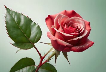 Poster - branch of a beautiful red rose, isolated on a light green background