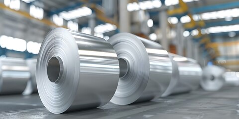 Poster - Large Shiny Aluminum or Steel Rolls in a Metallurgical Production Environment. Concept Metallurgical Production, Aluminum Rolls, Steel Rolls, Shiny Surfaces, Manufacturing Environment