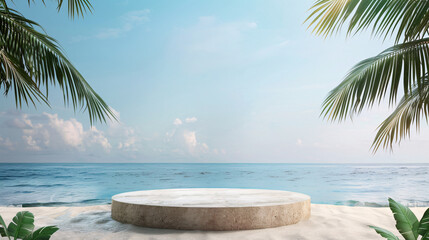 Beach podium summer background sand product 3D sea display platform. Beach podium summer banner stand scene sale sky holiday vacation stage water island sun travel pedestal promotion presentation ad