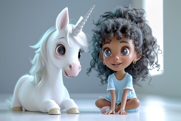 A cartoon image of a young girl with curly black hair wearing a blue shirt sitting on the floor next to a white unicorn with a rainbow mane and tail and looking at each other with big smiles.