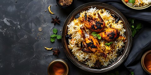 Canvas Print - Hyderabadi biryani fragrant rice chicken spices served on traditional platter. Concept Indian cuisine, Biryani, Hyderabadi dishes, Traditional platter, Fragrant rice