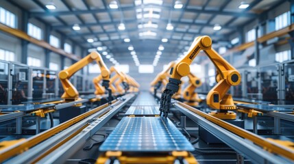 Poster - Inside a high-tech factory, robotic arms efficiently assembling solar panels, highlighting automation in the renewable energy sector