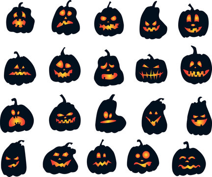 Cute orange scary pumpkins with Halloween faces. October 31st vector graphics. drawing. background for decoration for the holiday.