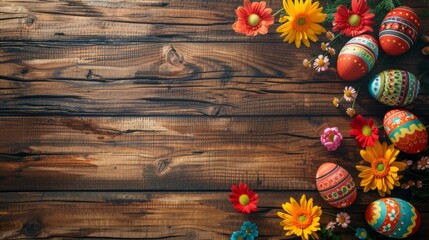 Wall Mural - beautiful easter eggs with colorful patterns decoration on wooden table