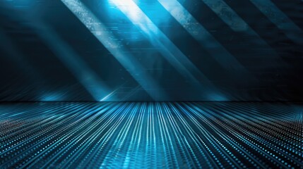 Poster - Modern diagonal background with abstract blue and black light pattern gradient, enhanced by a clean metal texture on floor and wall