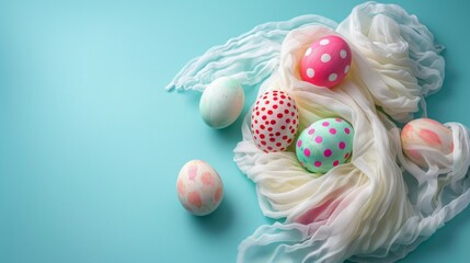 Wall Mural - top view of beautiful easter eggs with scarf on table