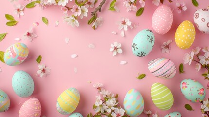 Wall Mural - top view of beautiful easter eggs on table