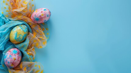 Wall Mural - top view of beautiful easter eggs with scarf on table