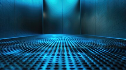 Poster - Modern diagonal background with abstract blue and black light pattern gradient, enhanced by a clean metal texture on floor and wall