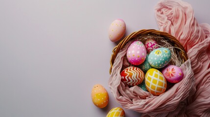 Wall Mural - top view of beautiful easter eggs with scarf on table