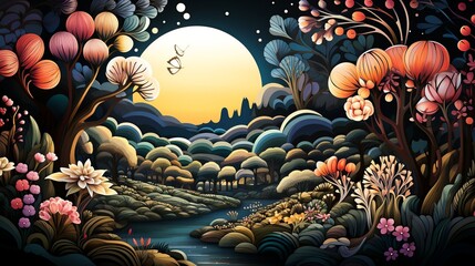 Wall Mural - A whimsical illustration of a magical forest, with enchanted trees, mythical creatures, and a fairy tale atmosphere. Illustration, Minimalism,