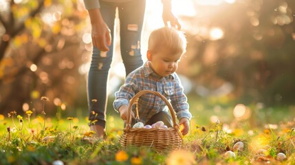 Wall Mural - kids picking up beautiful easter eggs at outdoor lawn