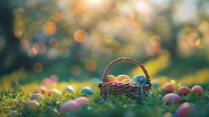 Wall Mural - a full basket of colorful easter eggs on outdoor lawn with beautiful flowers