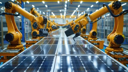 Poster - Modern robotic arms assembling solar panels in a cutting-edge factory, emphasizing technological advancements in clean energy production