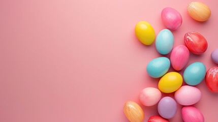 Wall Mural - Colored eggs on pink background for Easter theme with space for text