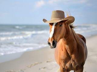 A horse on the beach with a hat