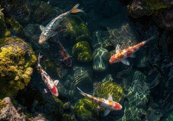 Koi fishes swimming in a koi fishpond, scenic view, peaceful state, created with AI