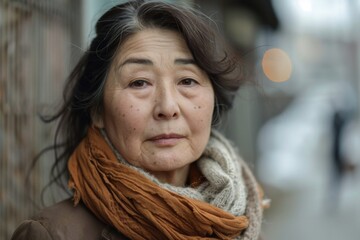 Wall Mural - Mature Asian woman sad face portrait on a street