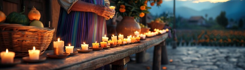 Spirit Welcoming with villagers lighting candles and placing offerings on altars in front of their homes, creating a pathway of light at dusk, a communal and spiritual gathering