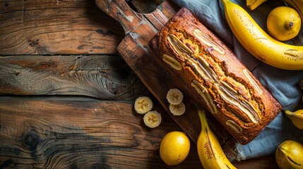 Wall Mural - home baking inspiration, homemade banana bread on a rustic table, perfect for breakfast or snacking, freshly baked and delicious