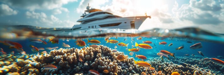 Beautiful colorful fish underwater with tropical palm tree island and yacht in sea.