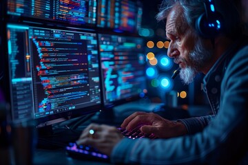 Poster - senior programmer working late on code in a dark office