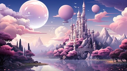 Wall Mural - A whimsical illustration of a fantasy castle in the clouds, with towering spires, magical elements, and a fairy tale ambiance. Illustration, Minimalism,