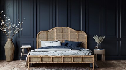 Dark bedroom interior mockup, wooden rattan bed on empty dark cobalt wall background, Scandinavian style, 3d render